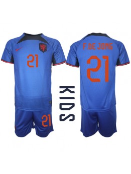 Niederlande Frenkie de Jong #21 Auswärts Trikotsatz für Kinder WM 2022 Kurzarm (+ Kurze Hosen)